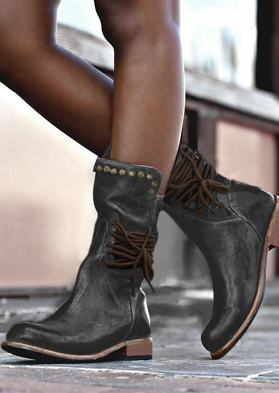 

Lace Up Round Toe Mid Calf Flat Boots - Black, 455696