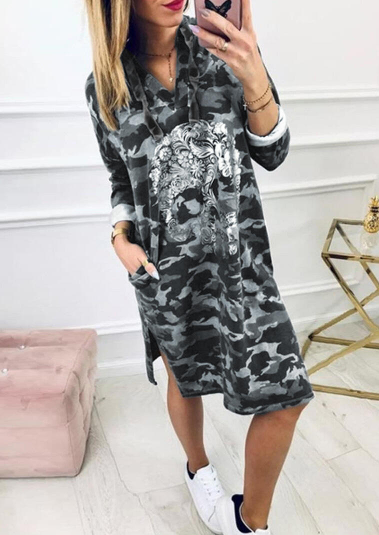 

Casual Dresses Camouflage Printed Skull Slit Hooded Casual Dress without Necklace - Gray. Size: ,M,XL