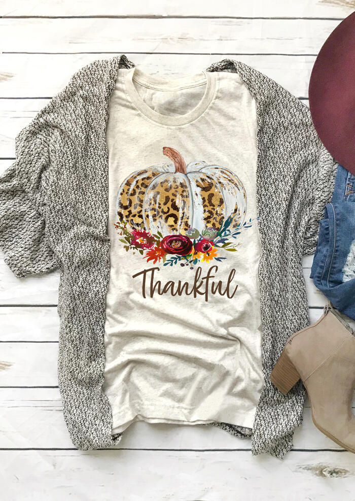 

Tees T-shirts Leopard Printed Pumpkin Thankful T-Shirt Tee in Beige. Size