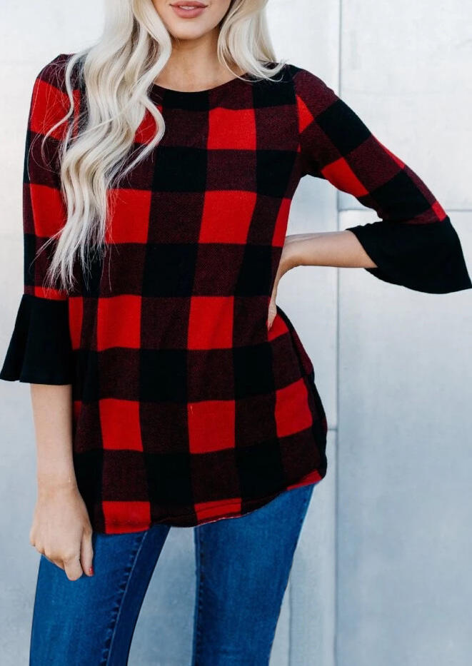 

Blouses Plaid Three Quarter Flare Sleeve O-Neck Blouse. Size: S,,XL