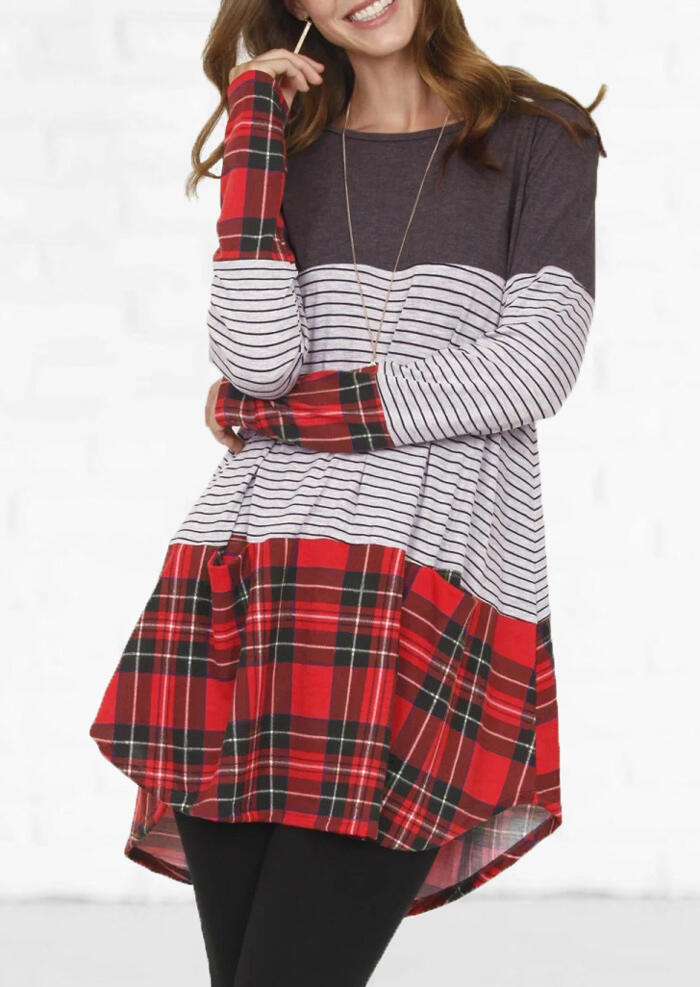 

Striped Plaid Color Block Blouse without Necklace - Gray, 455845