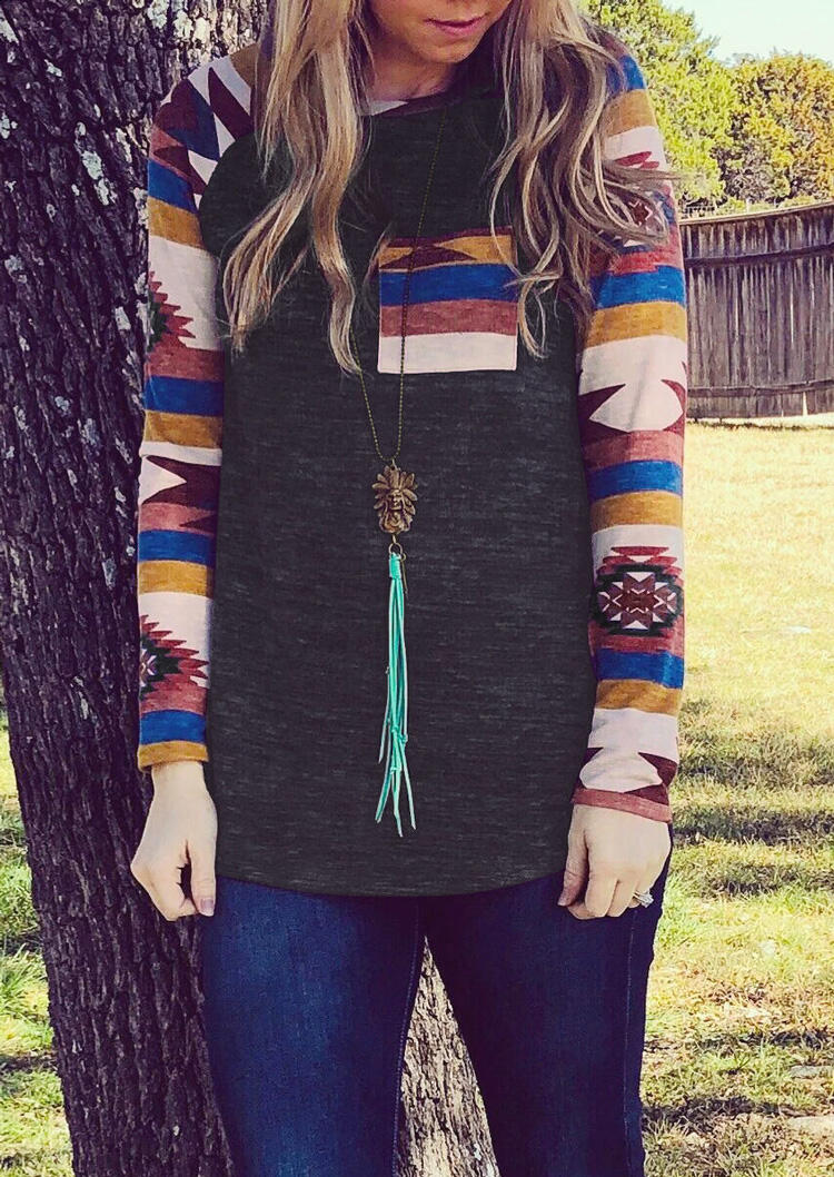

Aztec Geometric Printed Pocket T-Shirt Tee without Necklace - Dark Grey, 455853