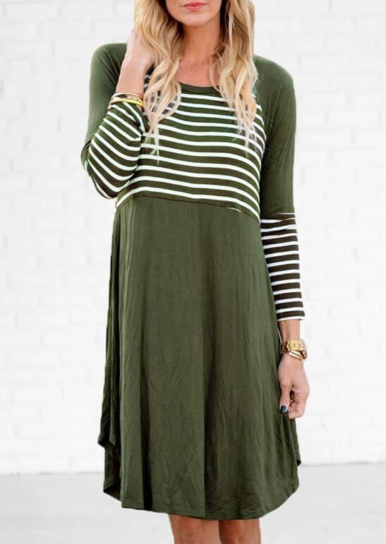 

Mini Dresses Striped Splicing O-Neck Mini Dress - Army Green. Size: S,M