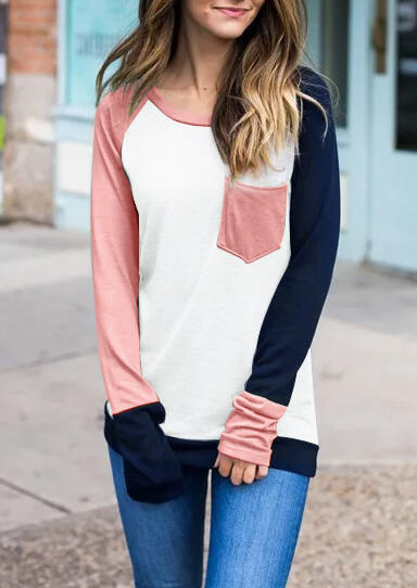 Color Block Pocket Long Sleeve Baseball Blouse - Burgundy