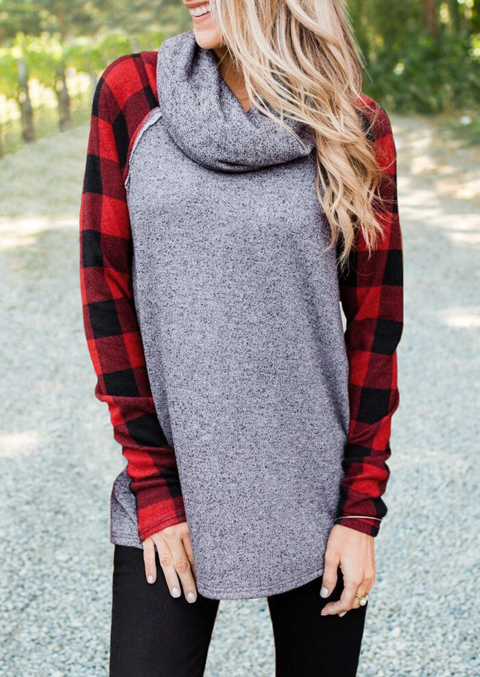 

Red Black Plaid Sleeves Spliced Gray Color Bolck Long Sleeves Blouse with Gray Infinity Scarf