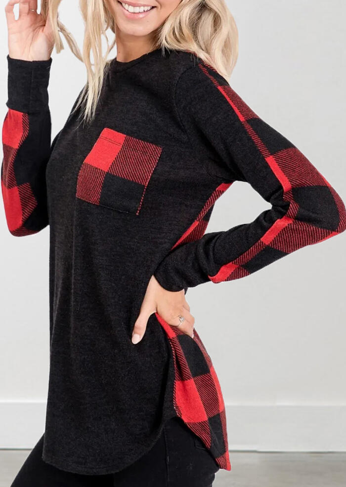 

Women‘s Red Black Plaid Back Spliced Black Color Block Long Sleeves T-Shirt With Red Black Plaid Pocket