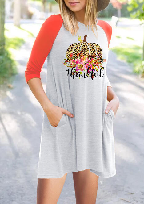 

Floral Leopard Printed Thankful Pumpkin Pocket Mini Dress - Light Grey, 455900