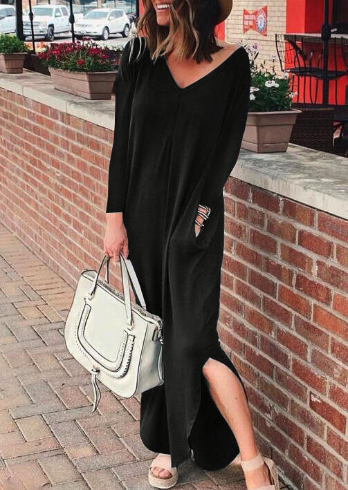 

Solid V-Neck Pocket Slit Maxi Dress - Black, 455907