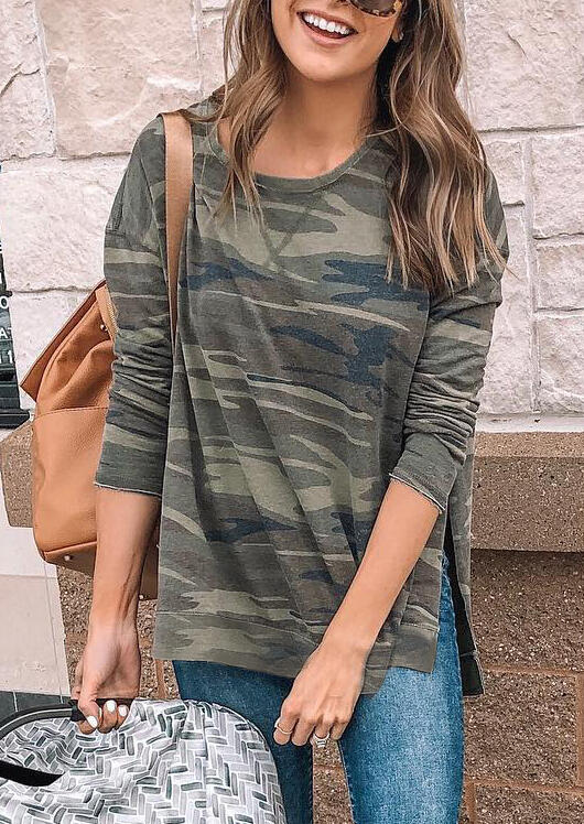 

Blouses Camouflage Printed Slit O-Neck Blouse. Size: S,M,,XL