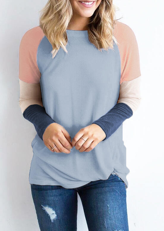 

Color Block Long Sleeve Blouse, Lightblue, 455931