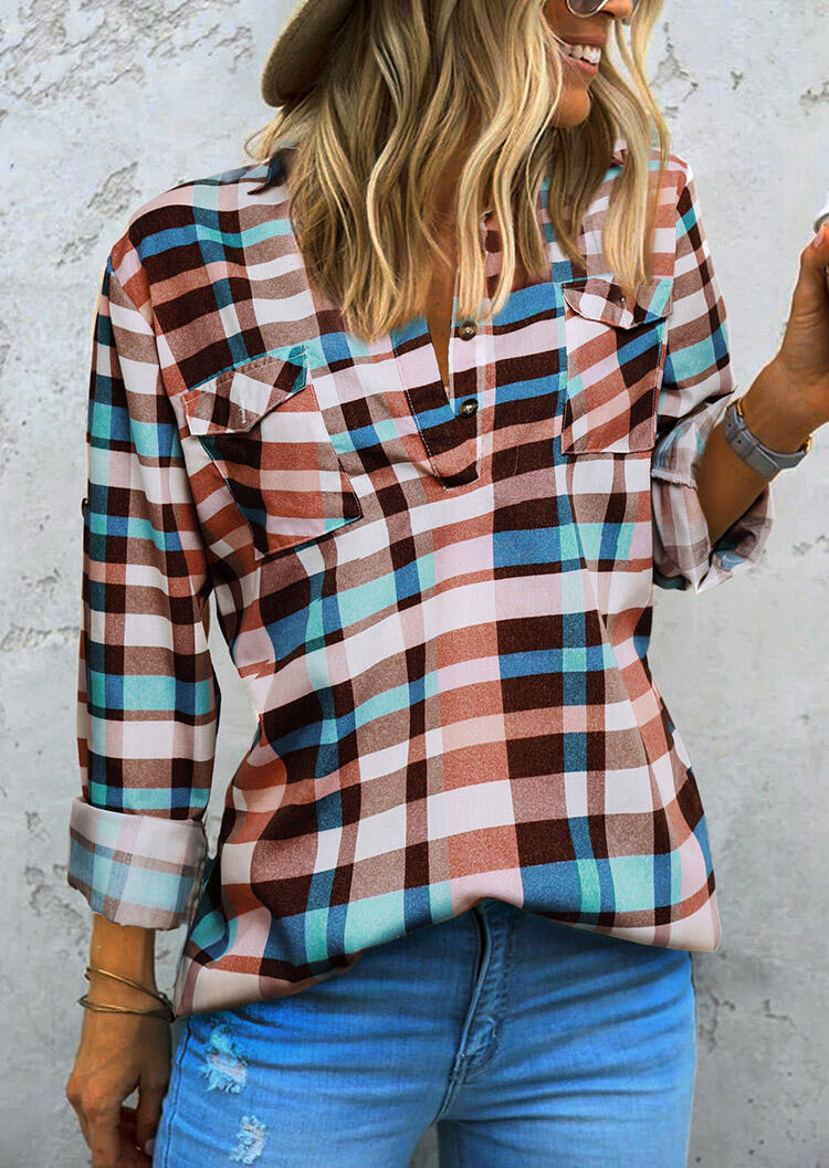 

Plaid Pocket Button Long Sleeve Shirt, 455257