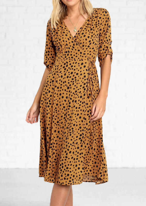 

Polka Dot V-Neck Casual Dress without Necklace - Yellow, 455948