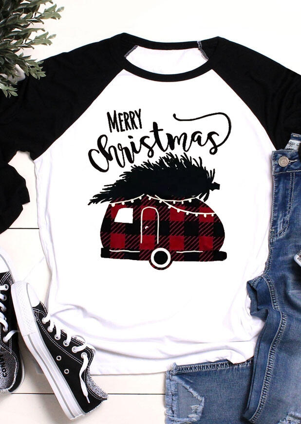 

T-shirts Tees Merry Christmas Plaid Splicing Campervan T-Shirt Tee in White. Size: ,M,XL