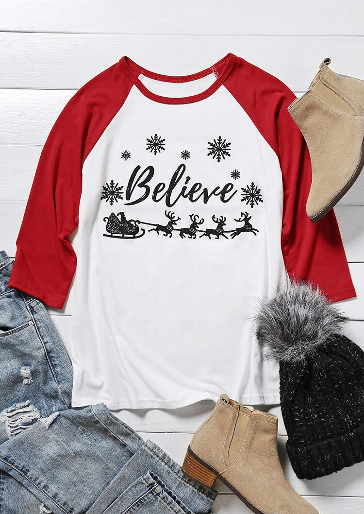 

Christmas Believe Sleigh Snowflake Baseball T-Shirt Tee, 431871, White