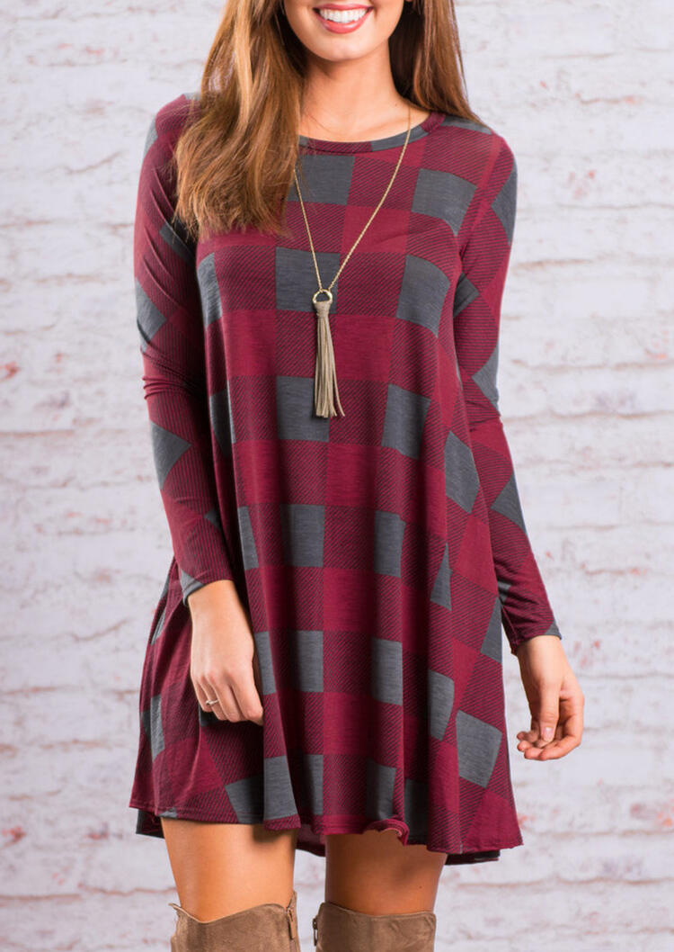 

Mini Dresses Plaid Splicing Long Sleeve Mini Dress without Necklace in Burgundy. Size