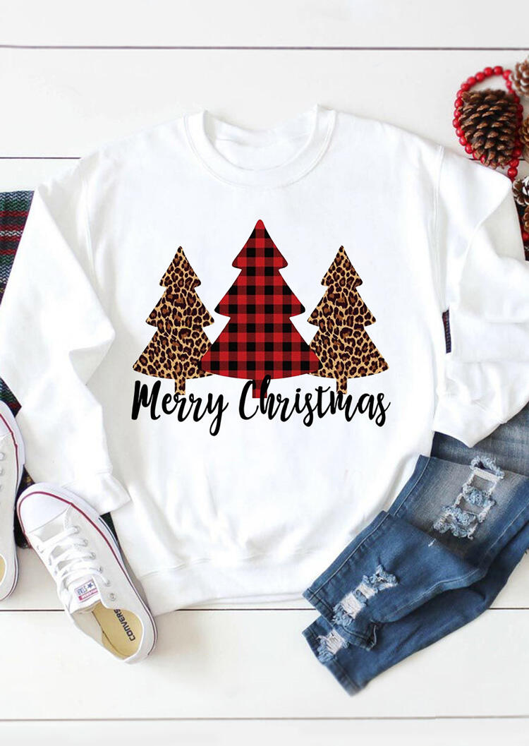 

Merry Christmas Tree Leopard Plaid Printed Sweatshirt - White, 456011