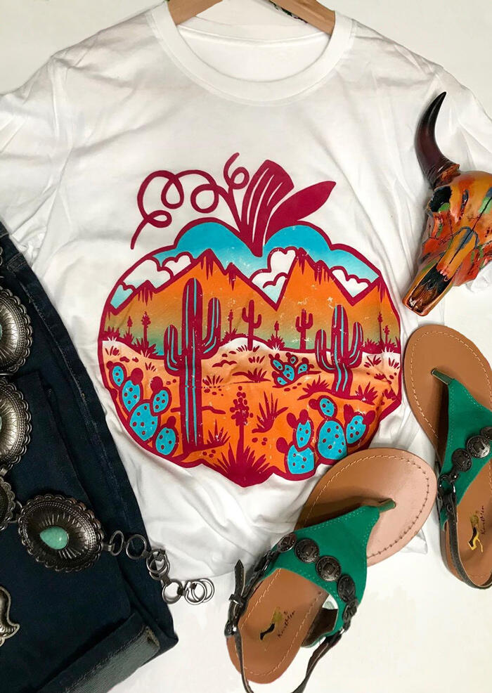 

Cactus Printed Pumpkin O-Neck T-Shirt Tee - White, 456025