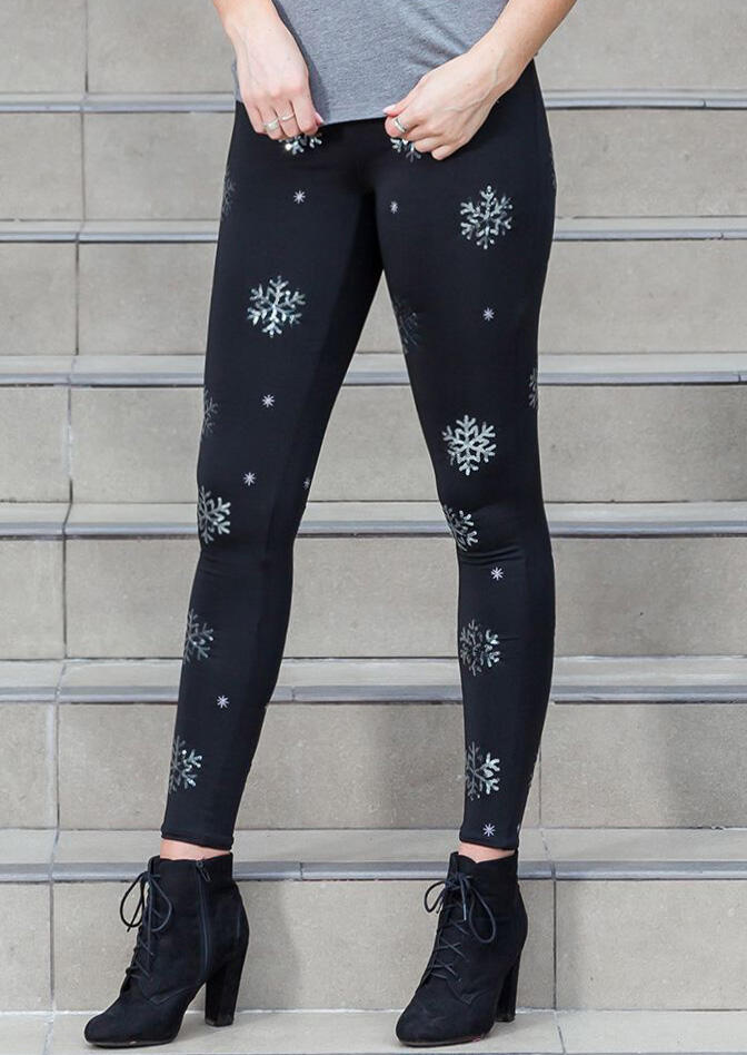 

Leggings Snowflake Printed Skinny Leggings in Black. Size