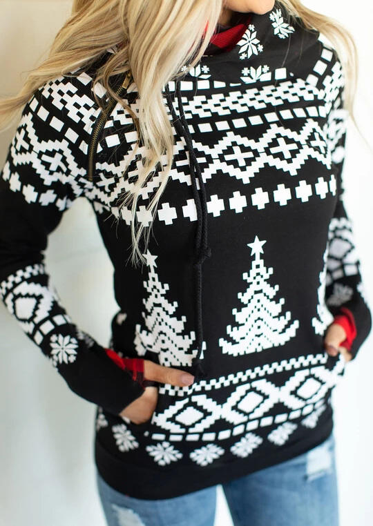 

Christmas Geometric Printed Pocket Hoodie - Black, 456034