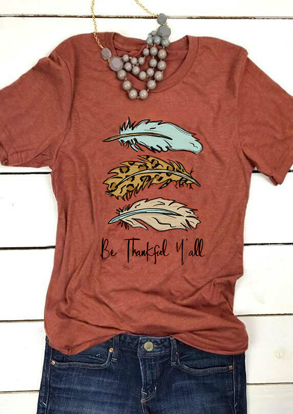 

Leopard Be Thankful Y'all Feather T-Shirt Tee - Brick Red, 456086