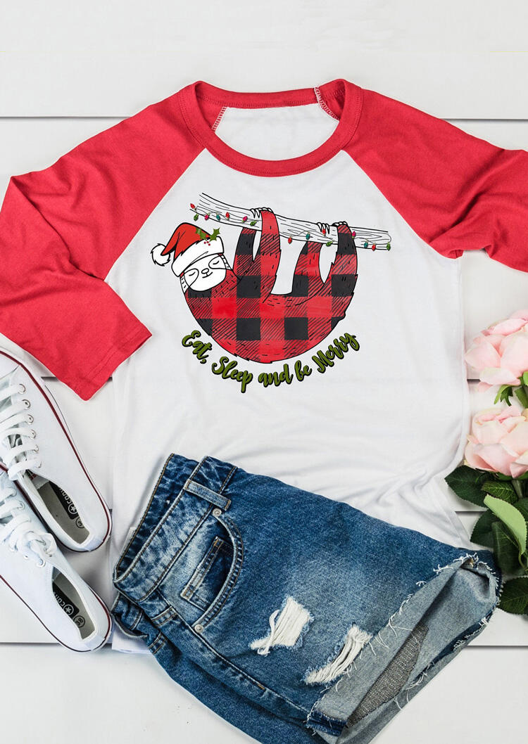 

Plaid Eat Sleep And Be Merry T-Shirt Tee - Red, 456087