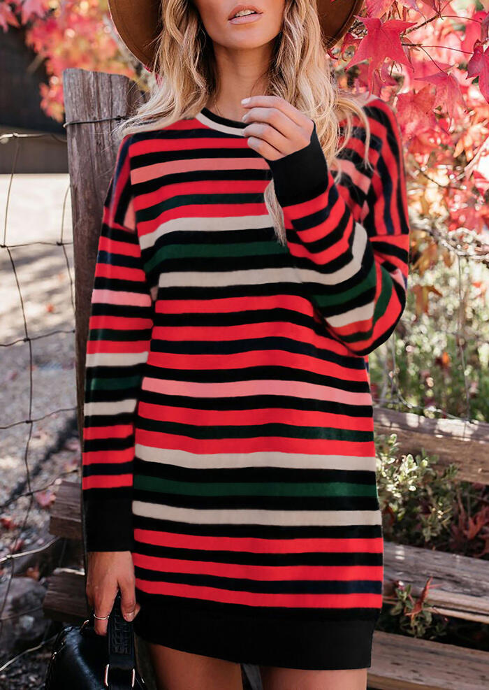 

Striped Splicing O-Neck Mini Dress, Stripe, 456023