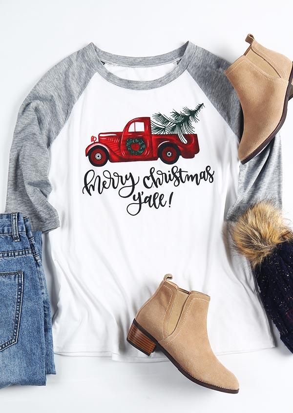 T-shirts Tees Merry Christmas Y'all Baseball T-Shirt in White. Size: M,L