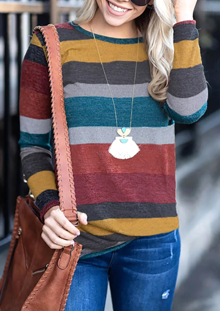 

Striped Long Sleeve O-Neck Blouse without Necklace - Multicolor, 456018