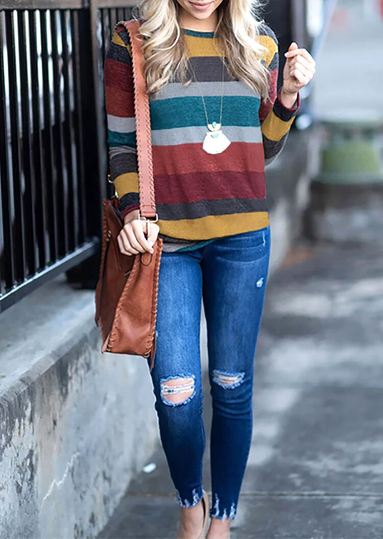 Colour Color Block Striped Long Sleeve O-Neck T-Shirt in Multicolor. Size: 3XL