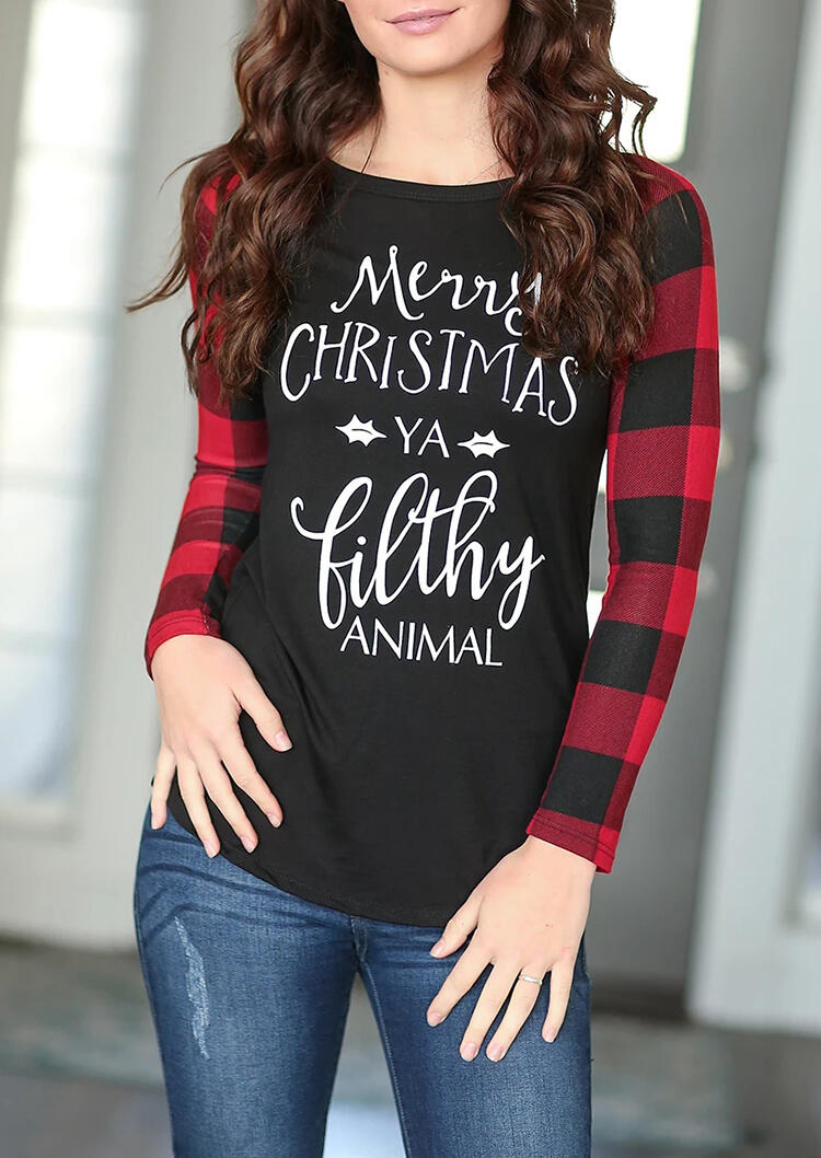

Merry Christmas Ya Filthy Animal Red Black Plaid Sleeves Spliced Black Color Block Long Sleeve T-Shirt