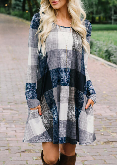 

Mini Dresses Plaid Pocket Long Sleeve Mini Dress without Necklace. Size