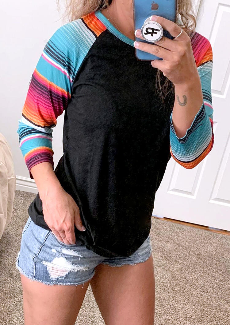 

Colorful Serape Striped O-Neck Blouse - Black, 456186