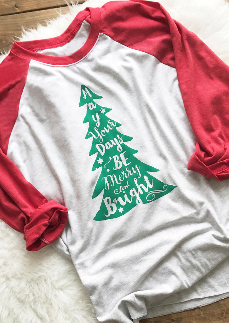 

Christmas Tree Letter Printed T-Shirt, White, 98202