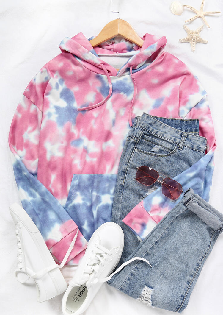 

Tie Dye Pocket Drawstring Hoodie - Pink, 456175