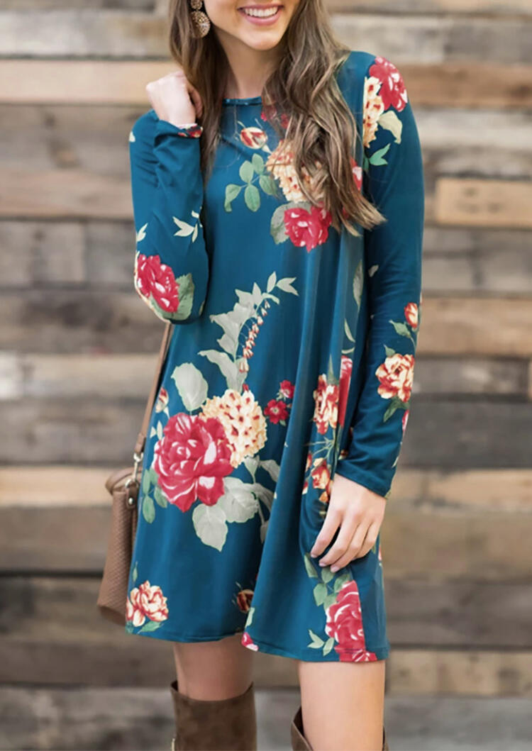 

Floral Pocket Long Sleeve Mini Dress - Cyan, 456183