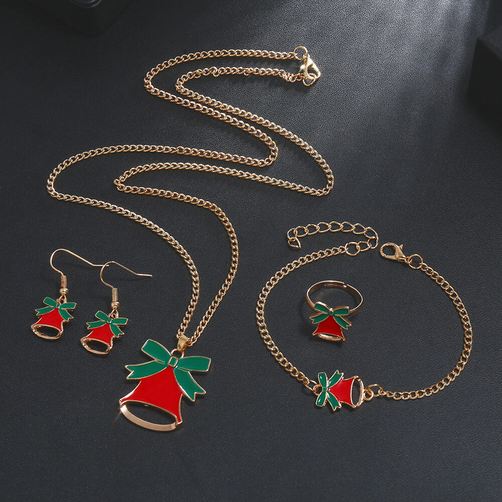 

4Pcs Christmas Bow Bell Earrings Necklace Bracelet Jewelry Set, #1, 456188