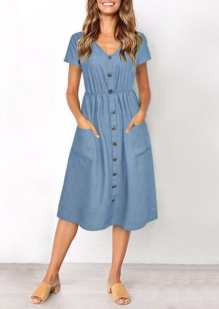 

Casual Dresses Button V-Neck Denim Casual Dress - Light Blue. Size: S, Lightblue
