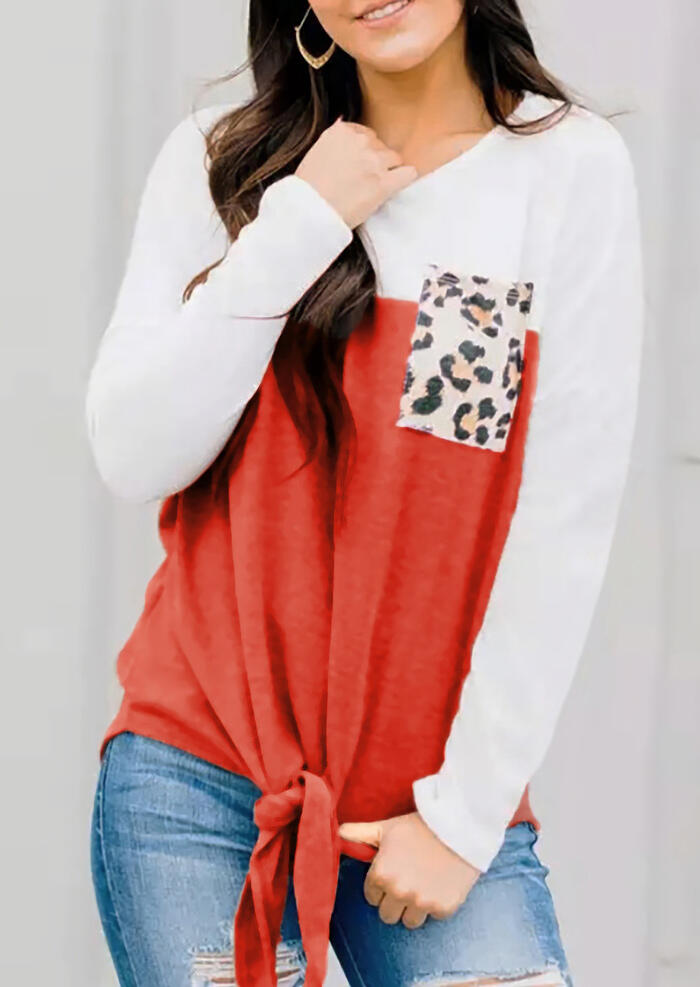 

Blouses Leopard Printed Pocket Color Block Blouse - Brick Red. Size