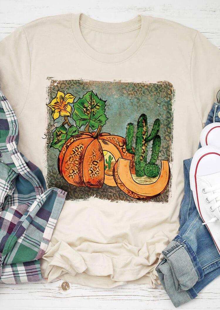 

Leopard Printed Cactus Pumpkin T-Shirt Tee - Beige, 456210