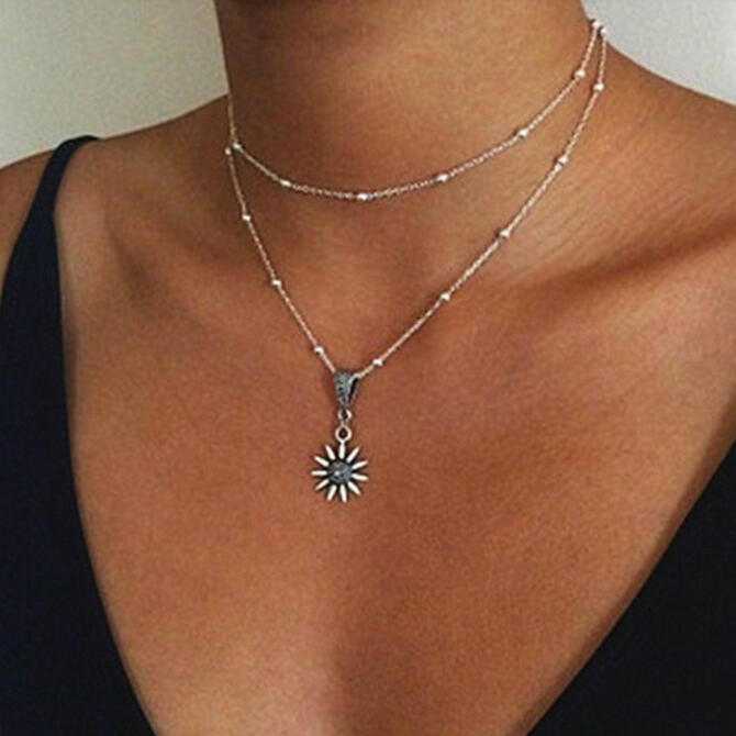 

Sunflower Pendant Layered Vintage Necklace, Silver, 456214