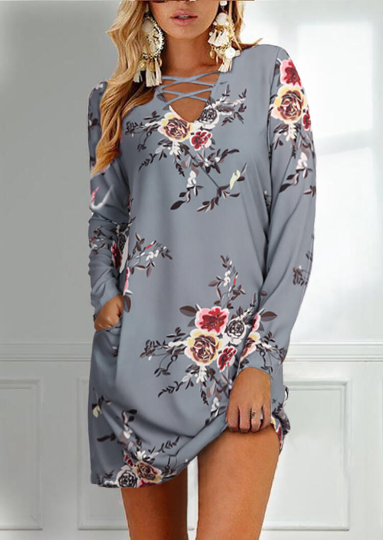 Floral Lace Up Pocket Mini Dress – Gray