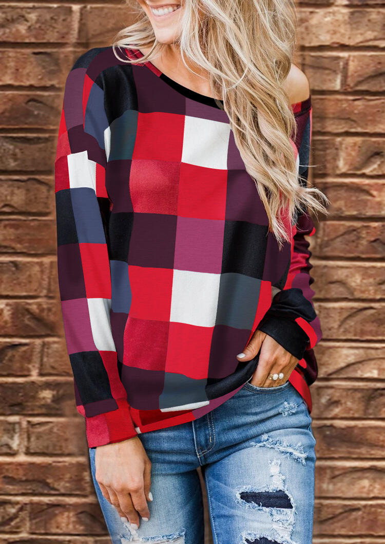 

Plaid Splicing O-Neck T-Shirt Tee, 456019