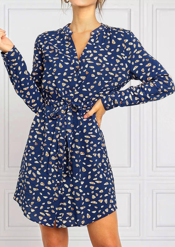 

Printed Drawstring Tie Button Long Sleeve Mini Dress - Blue, 456240