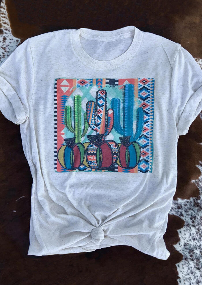 

Aztec Cactus Printed Pumpkin T-Shirt Tee - Light Grey, 456247