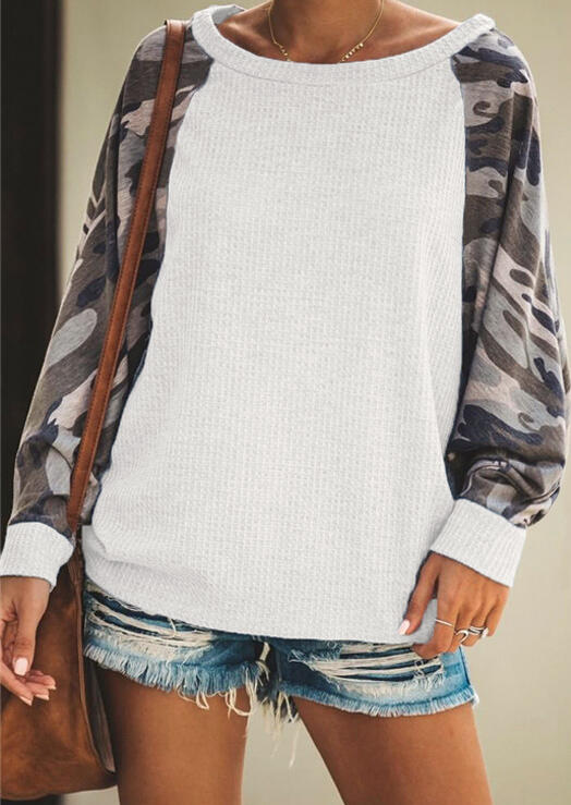 

Camouflage Printed Splicing Blouse without Necklace - White, 456255