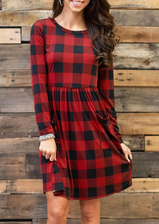 

Plaid Splicing Pocket O-Neck Mini Dress, 455996