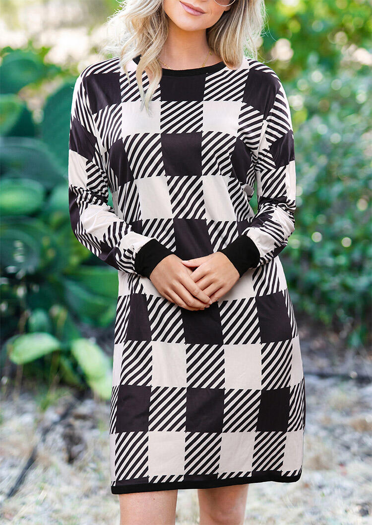 

Plaid Splicing Long Sleeve Mini Dress, 456223