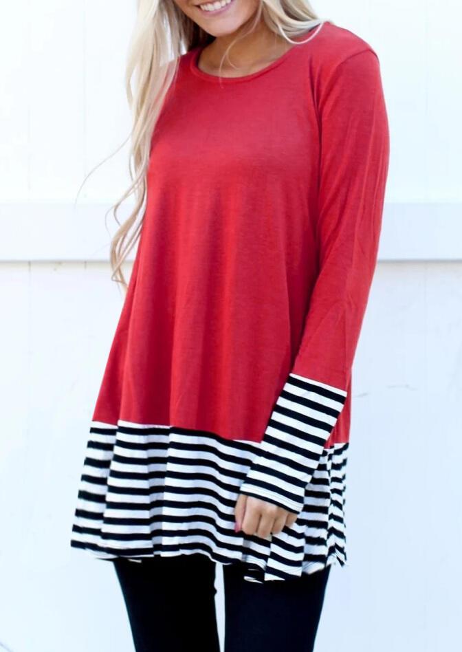 

Color Block Striped Splicing Blouse - Red, 456254