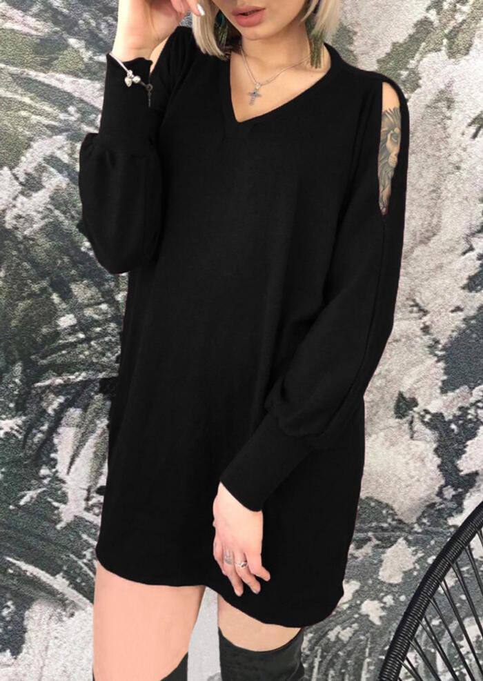 

Solid V-Neck Hollow Out Mini Dress without Necklace - Black, 456260