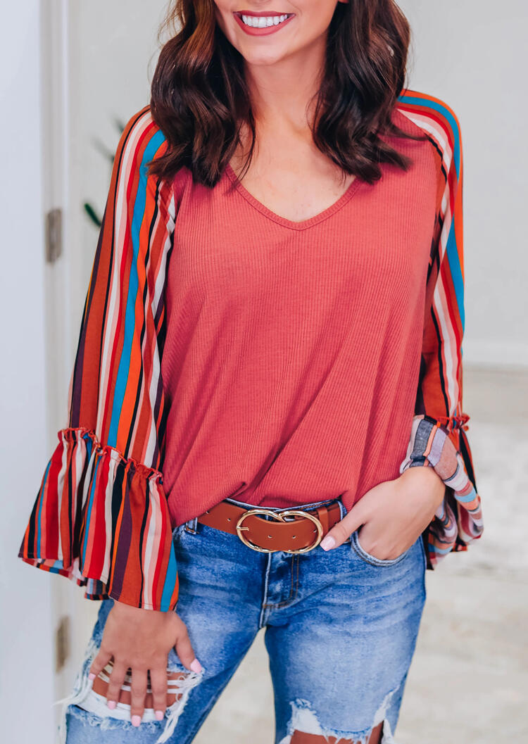 

Blouses Striped Flare Long Sleeve Blouse - Watermelon Red. Size